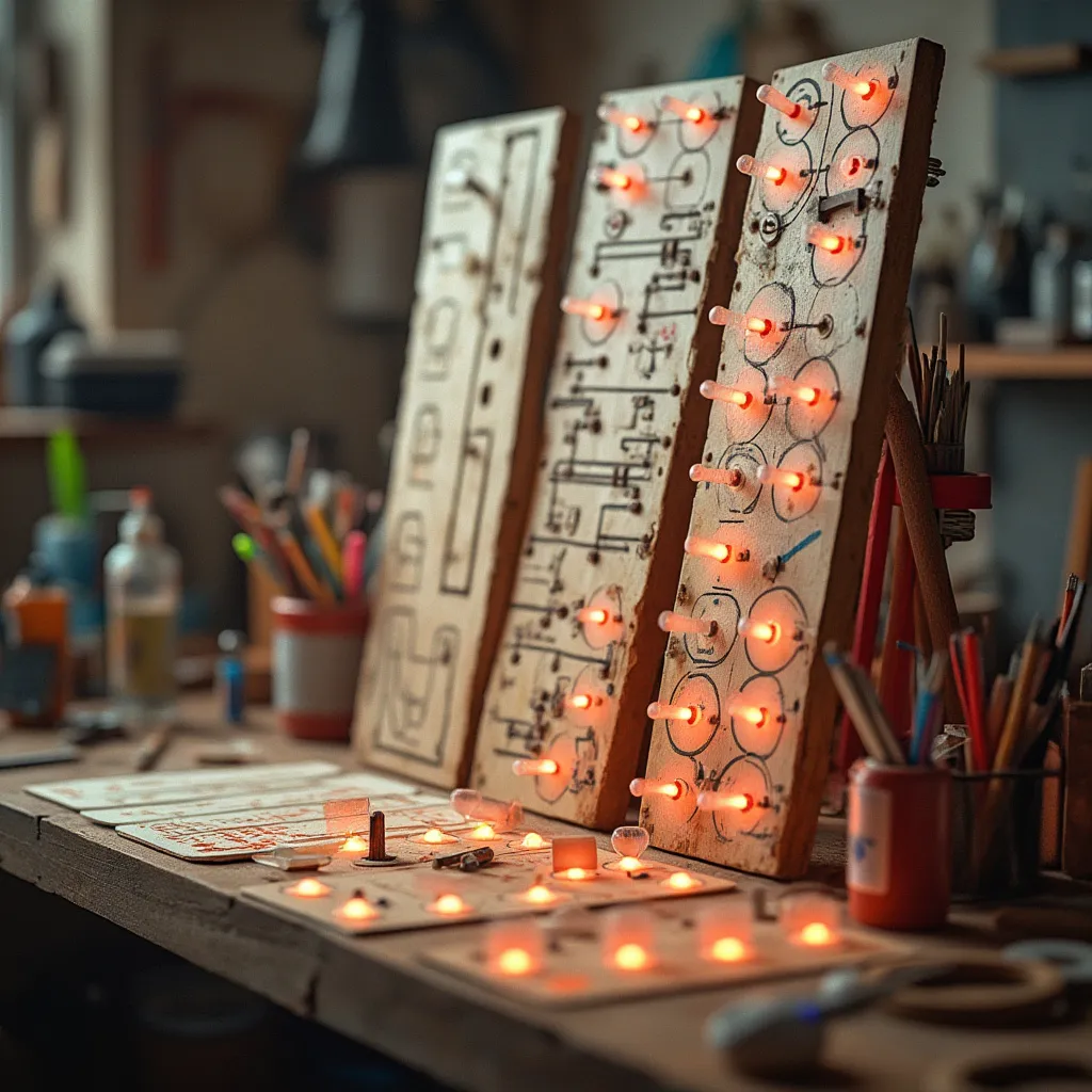 Early sketches and prototypes of Plinko boards in a workshop